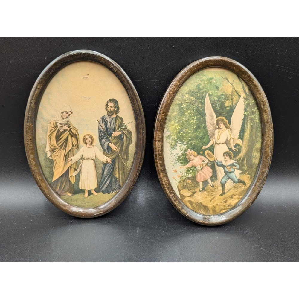 Pair of VTG Metal Oval 7" Framed Litho Holy Family + Guardian Angel w/ Children